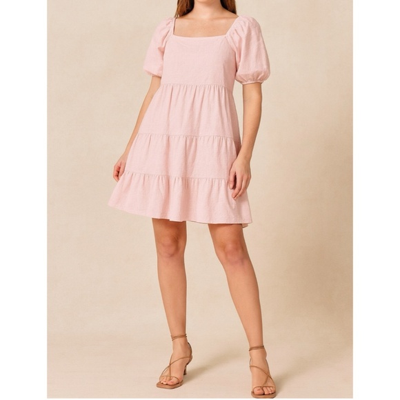 HYFVE Dresses & Skirts - HYFVE Pink Puff Sleeve Tiered Mini Dress